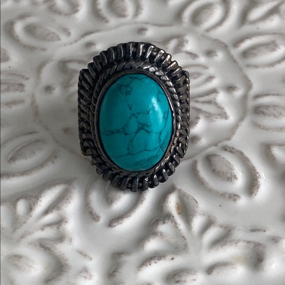Turquoise Silver Textured Oval Bohemian Summer Beach Southwestern Ring